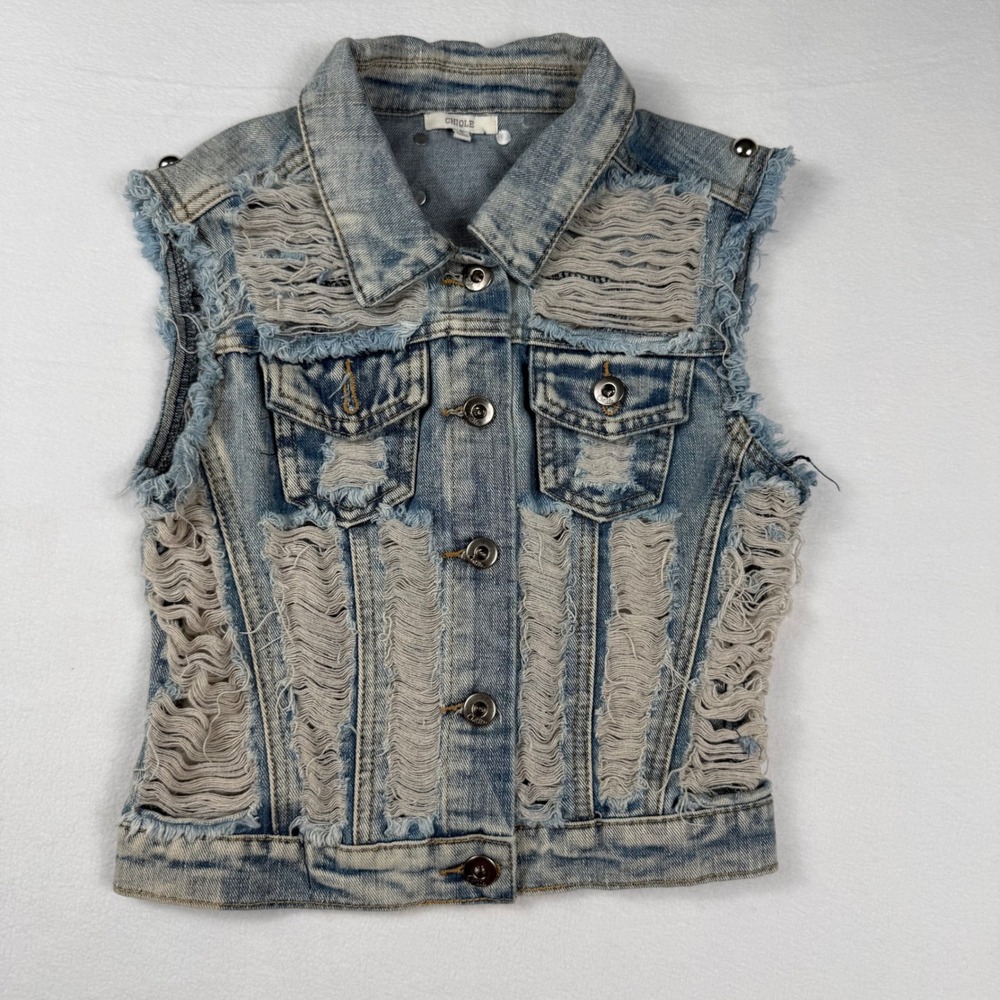 Distressed Studded Denim Vest Women's Small Acid Wash Moto Grunge Festival Y2K
